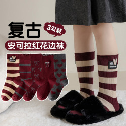 女童襪子鞦鼕季純棉花邊中筒襪兒童韓版ins安可拉紅蝴蝶結長筒襪