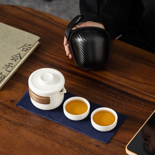 便攜式旅行茶具套裝快客盃包一壺兩盃隨身戶外露營出差泡茶壺陶瓷