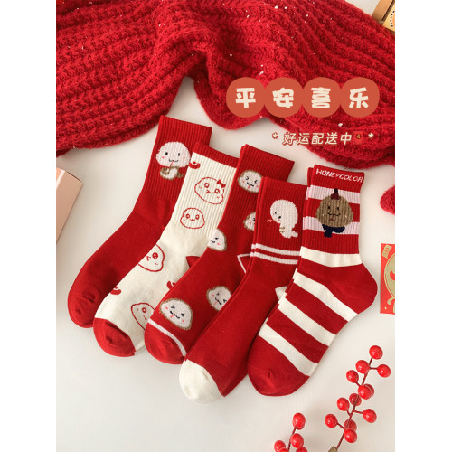 2025蛇年本命年紅襪子女鞦鼕款純棉中筒襪屬蛇新年禮物可愛長筒襪