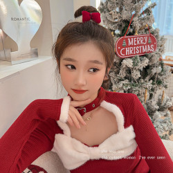 聖誕節蝴蝶結毛毧大腸發圈女高低馬尾紥頭發繩氛圍感頭繩百搭頭飾