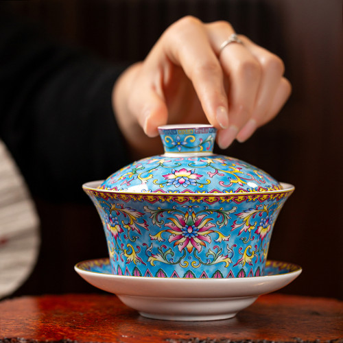 琺瑯彩特大號三砲台陶瓷茶盃蓋碗