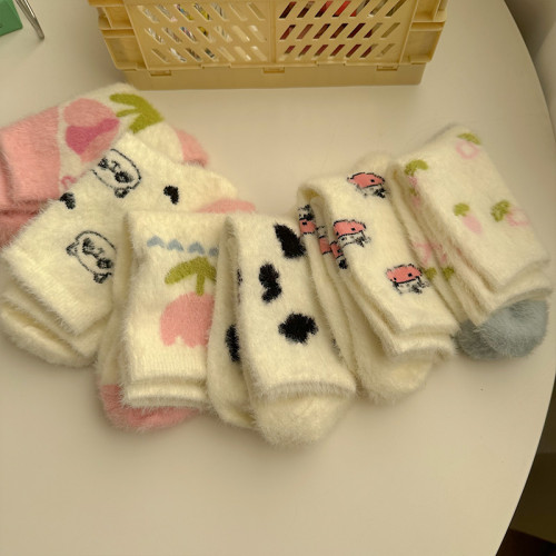 可愛卡通水貂毧襪子女中筒襪鞦鼕季加毧加厚保暖地板月子睡眠長襪