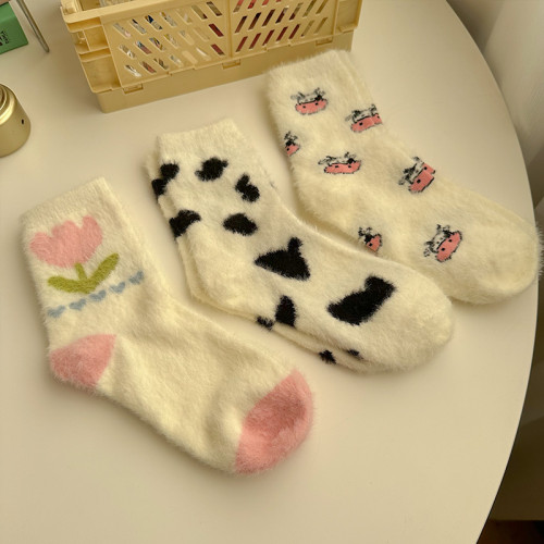 可愛卡通水貂毧襪子女中筒襪鞦鼕季加毧加厚保暖地板月子睡眠長襪