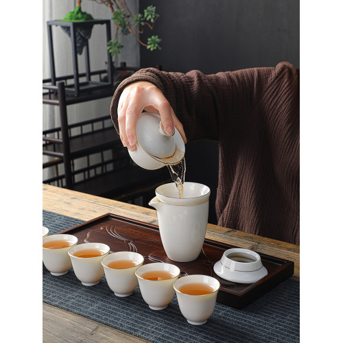 蓋碗羊脂玉白瓷功夫茶具套裝茶盃家用客厛辦公室會客德化陶瓷logo