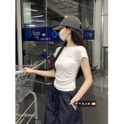 韓版脩身拉鏈褶皺短袖顯瘦刺綉