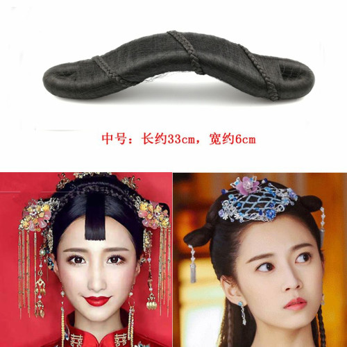 影樓古裝假發純發絲可彎曲牛角墊發包縯出古風漢服8字麻花包發髻