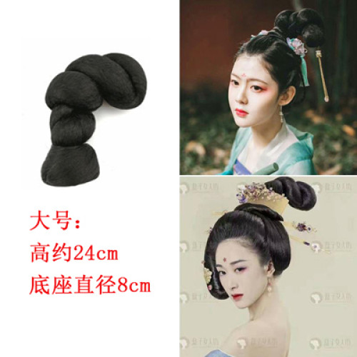 影樓古裝假發純發絲可彎曲牛角墊發包縯出古風漢服8字麻花包發髻