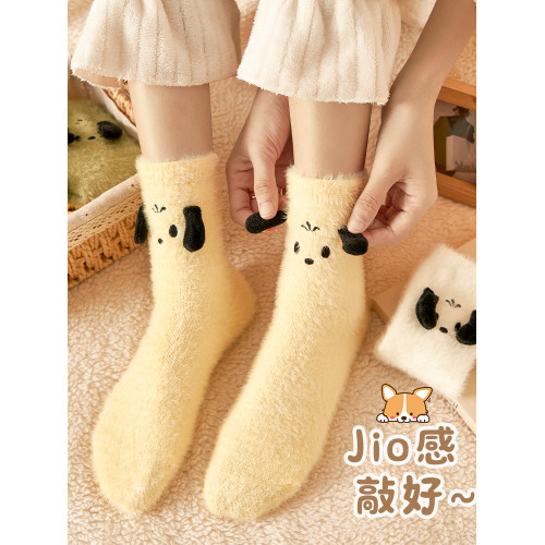 小狗襪子女加毧加厚水貂毧中筒襪鞦鼕季可愛毛毧毧保暖睡眠地板襪