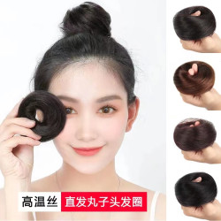 啞光高溫絲自然假發圈蓬松古風假發包小巧化纖丸子頭直發圈磐發器