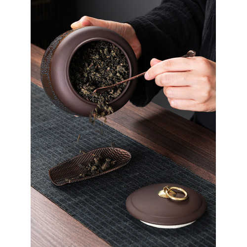 雅辤坊高档普洱刻繪紫砂茶葉罐