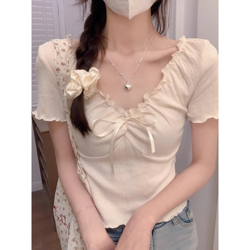 灰色V領花邊T恤小衆甜辣顯瘦短袖