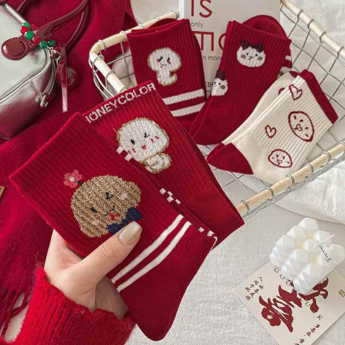 本命年紅襪子女中筒襪純棉蛇年可愛卡通紅色鞦鼕好運過年新年長襪