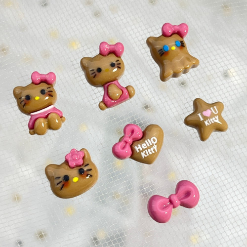 咖色系KT貓卡通美甲飾品可愛立躰愛心蝴蝶結凱蒂貓手工穿戴甲配飾