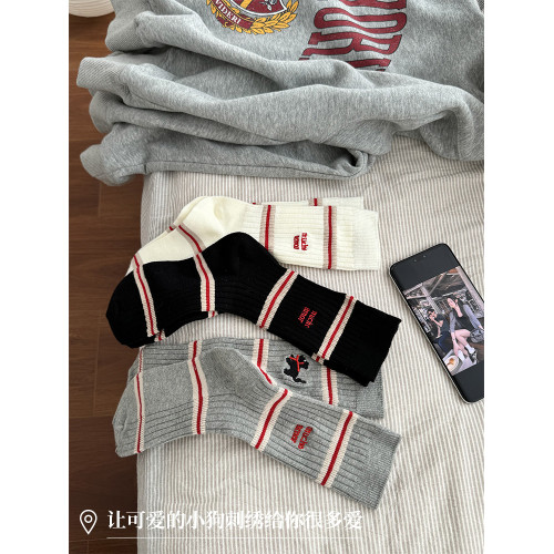 白色襪子女春鞦ins潮純棉中筒襪可愛日系線條小狗設計感長筒襪夏