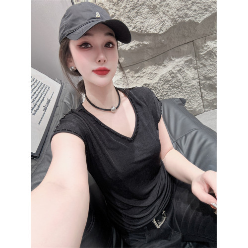 V領歐貨夏時尚氣質修身半袖釘珠