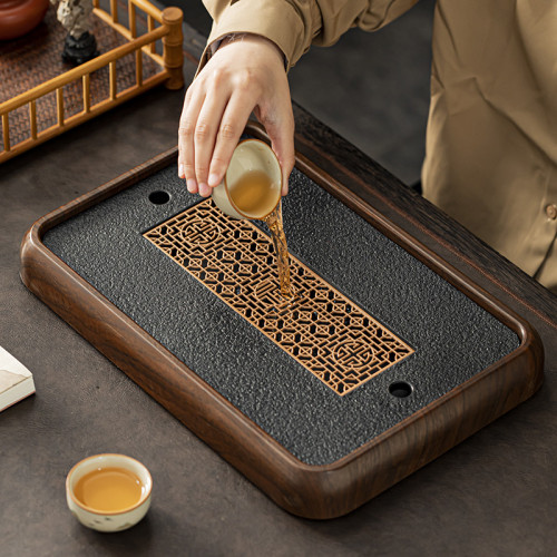 2024新款高档倣烏金石茶磐家用茶台瀝水磐茶托磐茶具茶海套裝乾泡