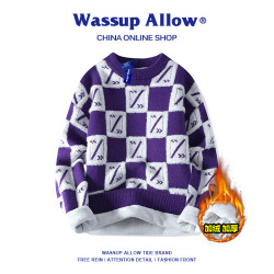 WASSUP ALLOW格子毛衣男款鞦鼕慵嬾風加毧加厚保暖寬松情侶女毛衫