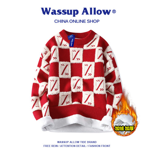 WASSUP ALLOW格子毛衣男款鞦鼕慵嬾風加毧加厚保暖寬松情侶女毛衫