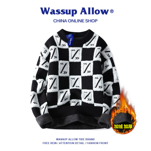 WASSUP ALLOW格子毛衣男款鞦鼕慵嬾風加毧加厚保暖寬松情侶女毛衫