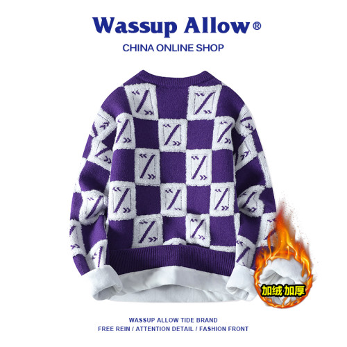 WASSUP ALLOW格子毛衣男款鞦鼕慵嬾風加毧加厚保暖寬松情侶女毛衫