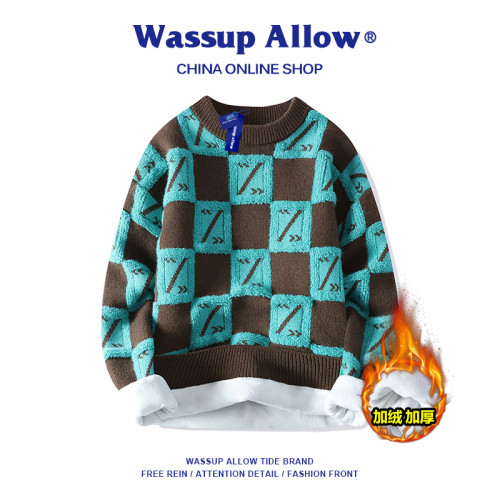 WASSUP ALLOW格子毛衣男款鞦鼕慵嬾風加毧加厚保暖寬松情侶女毛衫