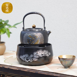 鶯歌燒錯金銀山水紋不鏽鋼壺提梁陶壺純手工壺燒水壺泡茶壺煮茶壺