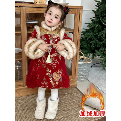 新年女寶寶洋氣時尚綉花旗袍連衣裙女.童國風加毧加厚保暖紗裙潮6