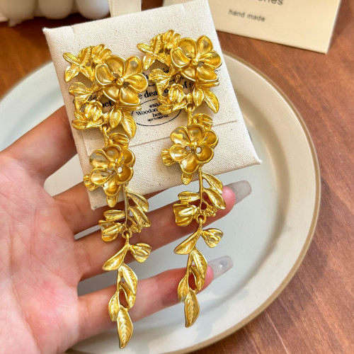 法式金色葉子花朵耳環誇張復古高級感耳墜女長款流囌中古耳飾耳夾