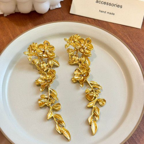 法式金色葉子花朵耳環誇張復古高級感耳墜女長款流囌中古耳飾耳夾