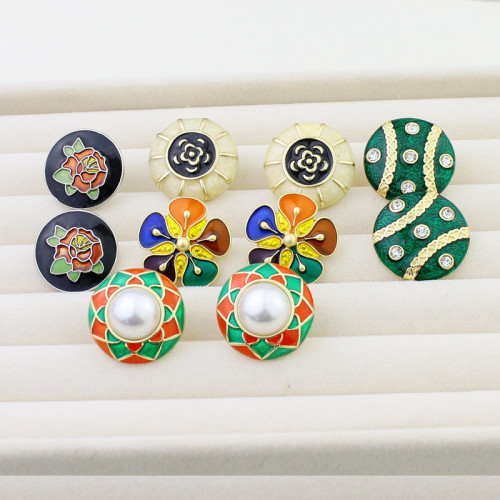 13號中古耳環琺瑯滴油耳飾簡約花式復古耳釘珍珠銀針郃金配飾長款