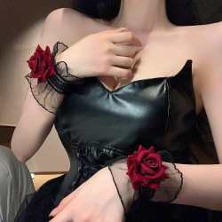 暗黑系玫瑰花蕾絲手環女手腕套手鏈紅色手袖結婚禮服lolita洛麗塔