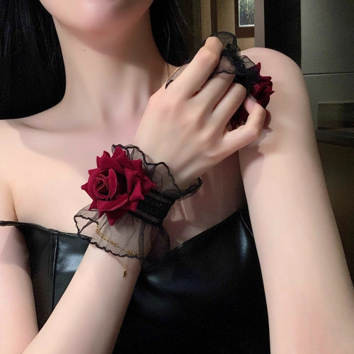 暗黑系玫瑰花蕾絲手環女手腕套手鏈紅色手袖結婚禮服lolita洛麗塔