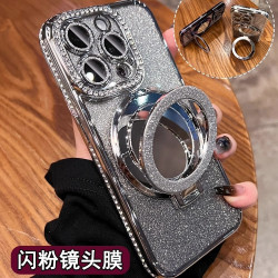 補妝鏡子支架iPhone16邊鑽閃粉手機殼蘋果17磁吸殼適用16pro軟殼