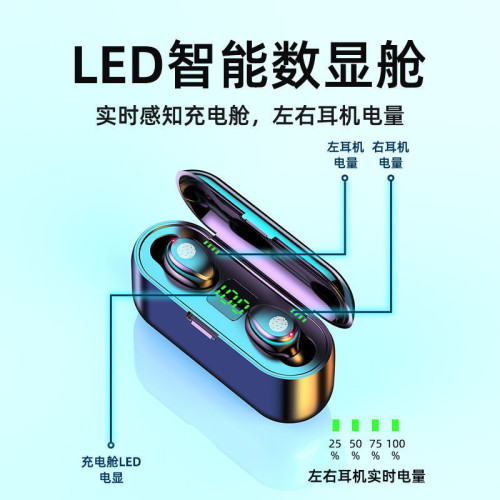 爆款F9無線藍牙耳機TWS5.3雙耳數顯F9-2帶數顯迷你音樂耳機