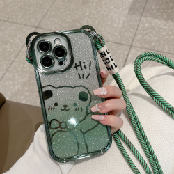 斜背適用iPhone16手機殼蘋果13PM可愛熊閃粉15pro電鍍12全包14女