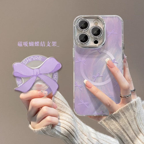 蝴蝶結磁吸支架適用蘋果15PRO手機殼14/13羽紗鏡頭膜12輕奢11防摔