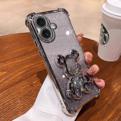 適用iPhone16手機殼四角防摔蘋果15PM電鍍矽膠軟殼散粉立體流沙熊