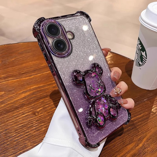 適用iPhone16手機殼四角防摔蘋果15PM電鍍矽膠軟殼散粉立體流沙熊
