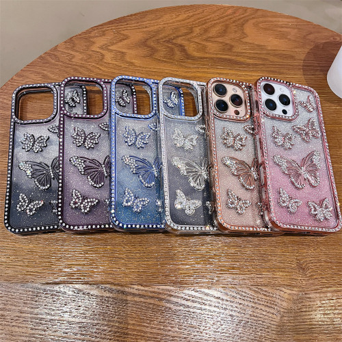 蝴蝶飛鑲鑽+漸變閃粉紙適用iphone16promax手機殼14新款蘋果15/13