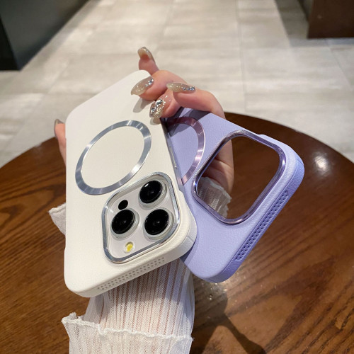 新款無邊框適用iPhone16荔枝紋磁吸手機殼蘋果15防摔純色高級感14