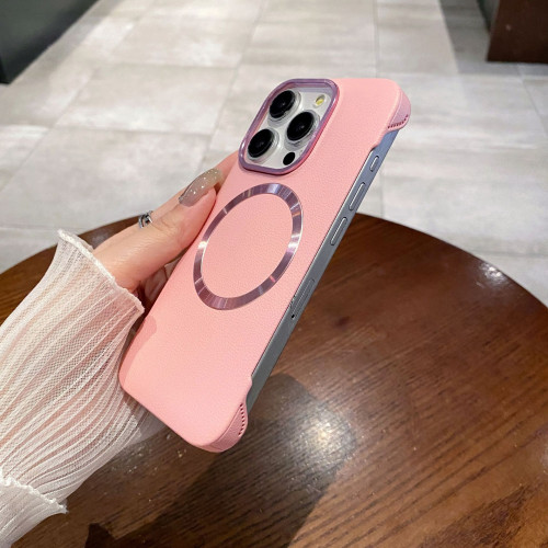 新款無邊框適用iPhone16荔枝紋磁吸手機殼蘋果15防摔純色高級感14