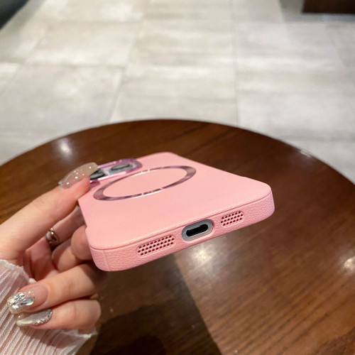 新款無邊框適用iPhone16荔枝紋磁吸手機殼蘋果15防摔純色高級感14