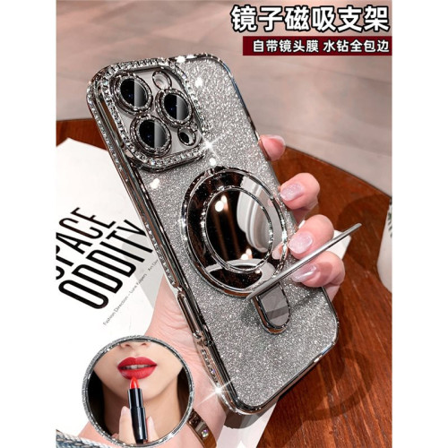 水鑽適用蘋果16promax手機殼新款iPhone15矽膠14女13鏡子磁吸支架