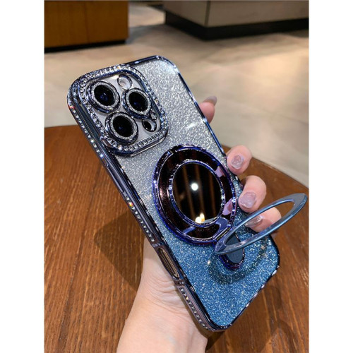 水鑽適用蘋果16promax手機殼新款iPhone15矽膠14女13鏡子磁吸支架