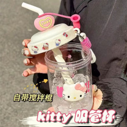 hellokitty透明吸管杯女生高顔值刻度水杯2024新款可攜式攪拌杯子