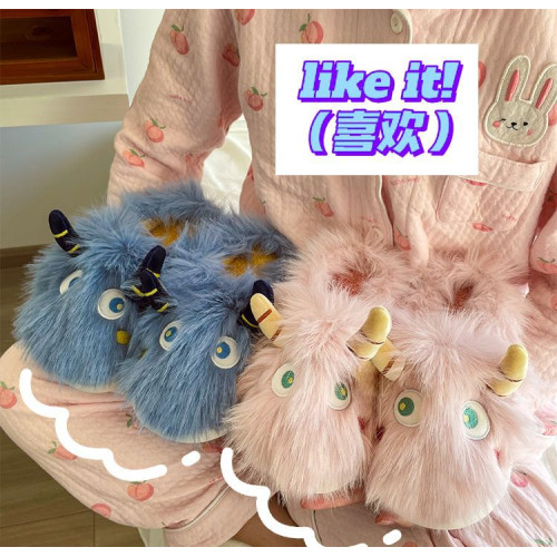 毛毛加毧小怪獸棉拖鞋女士鞦鼕季可愛家用保暖室內居家居月子鼕天