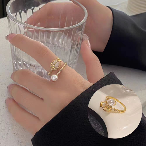 鬱金香貓眼石珍珠戒指女時尚小衆設計食指戒日韓鋯石指環手飾批發