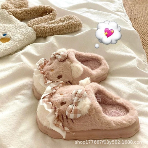 KT貓可愛卡通棉拖鞋女款鼕季厚底防滑加毧加厚保暖毛毛拖鞋