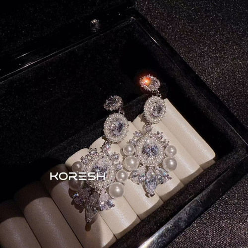 法式復古璀璨菸花貝珠水滴耳環 鍍金精致珠珠淚滴鋯石耳釘氣質