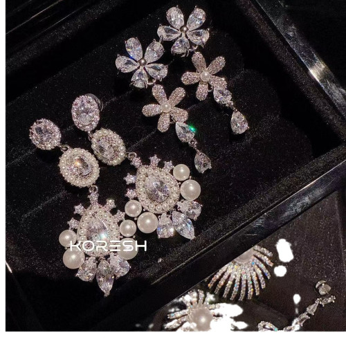 法式復古璀璨菸花貝珠水滴耳環 鍍金精致珠珠淚滴鋯石耳釘氣質